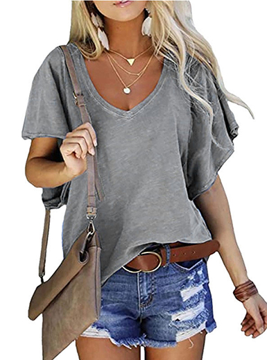 Women's Oversized Summer Top with Vee Neckline and Loose Short Sleeves
